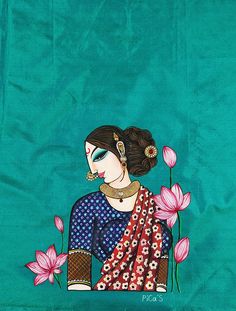 a woman with flowers painted on the side of a blue cloth wall hanging in front of a green background