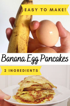 banana egg pancakes on a white plate with text overlay