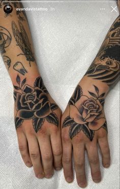 two hands that have tattoos on them and one has a rose in the other hand