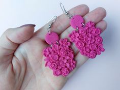 Handmade bright pink floral polymer clay earrings. Big and bold statement jewelry. Light weight and very comfortable to wear! All the metals are hypo-allergenic and nickel free. Treat the earrings gently, do not bend. Store in a clean and dry place. Handmade Pink Polymer Clay Flower Earrings, Pink Polymer Clay Earrings With 3d Flowers, Pink 3d Flower Polymer Clay Earrings, Floral Polymer Clay, Bold Statement Jewelry, Earrings Big, Earrings Pink, Christmas Earrings, Handmade Polymer Clay