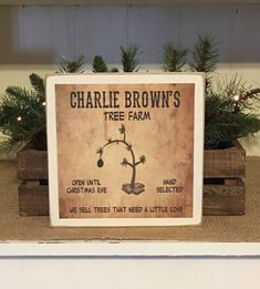 there is a sign that says charlie brown's tree farm on the shelf next to some christmas trees