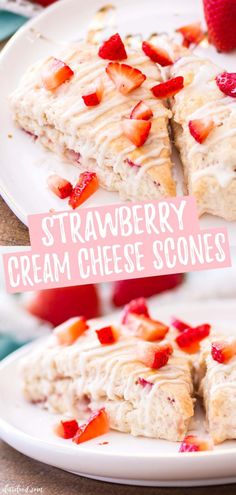 strawberry cream scones on a white plate with strawberries in the background and text overlay