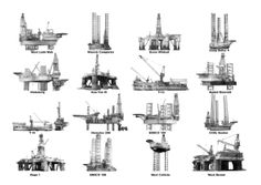 various types of drilling rigs in black and white, with the names on them