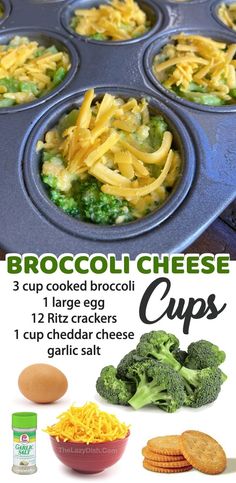 broccoli and cheese cupcakes in a muffin tin with text overlay