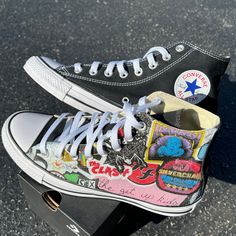 Whether you're a fan of punk rock, rock and roll, alternative, or just good music in general, these custom converse shoes are made for you. They feature an all over/inside out print of some of the best band stickers from the 70s all the way to the 2000s. We buy each pair of shoes BRAND NEW. The ink is permanent and will never come off. Made in the USA. This price includes everything: shoes and artwork. Rock And Roll Shoes, Keith Haring Converse, Customizable Black High-top Sneakers, Punk High-top Sneakers For Streetwear, Punk Style High-top Sneakers For Streetwear, Funky Black Low-top Sneakers, High-top Custom Sneakers With Graphic Print For Skateboarding, Customizable Casual Sneakers For Streetwear, Funky High-top Custom Sneakers For Streetwear