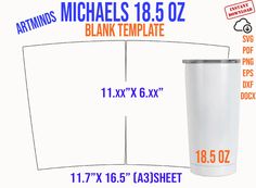 a white tumbler cup is shown with measurements for the top and bottom half of it