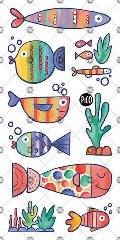 an assortment of colorful fish and plants on a white background with the words pico