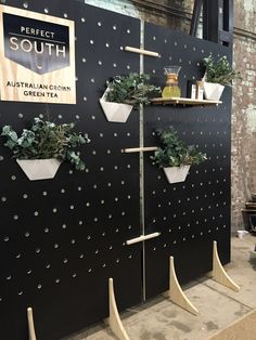 three planters with plants on them are displayed in front of a sign that says perfect south