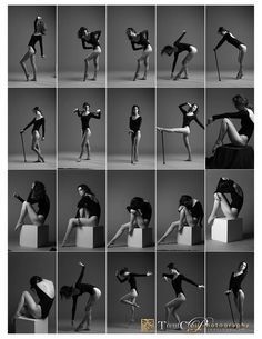 black and white photo collage of woman in leotards posing for the camera