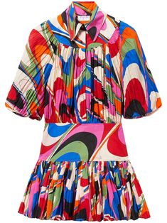 multicolour cotton gathered detailing classic collar front button fastening short puff sleeves fitted-cuff sleeves fitted waistline flared skirt thigh-length straight hem Yoko London, City Dress, Dolce E Gabbana, Vestido Casual, Summer Beach Wear, Flared Skirt, Emilio Pucci, Cuff Sleeves, Flare Skirt