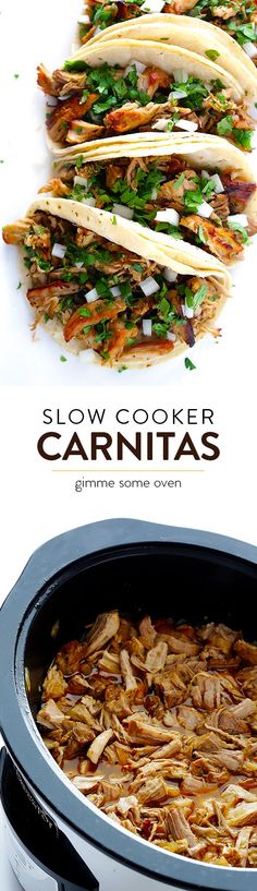 slow cooker carnitas recipe in the crock pot with text overlay