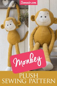 two stuffed monkeys sitting on a bench with the words monkey plush sewing pattern below them