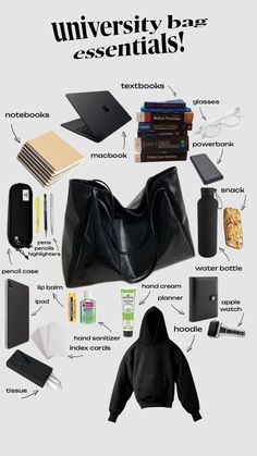 the contents of a black purse and its contents are shown in this graphic style, including books