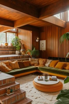 a living room filled with lots of furniture next to wooden walls and flooring covered in white rugs