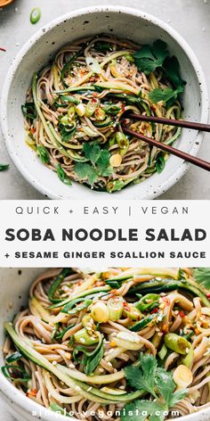 an image of sobba noodle salad in a white bowl with chopsticks