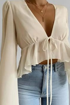 tie sheer long sleeve blouse Women White Blouse, Short Blouses, Chiffon Long Sleeve, Chiffon Ruffle, Bell Sleeve Blouse, Chiffon Shirt, Chiffon Blouse, Inspiration Mode, Chiffon Fabric