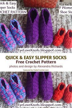 four crocheted slippers are shown with the text, quick and easy slipper socks