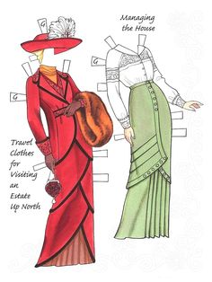 two women in dresses and hats with the names of their clothing