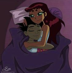 an animated image of a woman hugging a man in bed with purple sheets and pillows