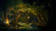 a painting of trees and lights in the night sky over a pond with water lilies