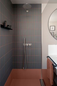 a bathroom with a walk in shower sitting next to a sink and a mirror on the wall