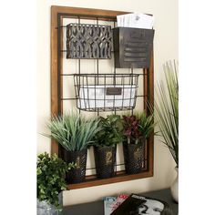 some plants are sitting in baskets on a shelf