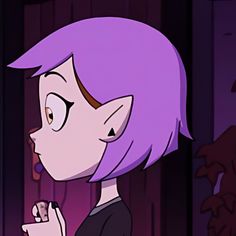 a cartoon character with purple hair holding something in her hand