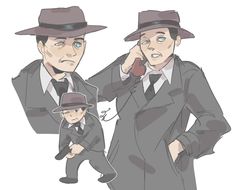 two men in suits and hats are talking on their cell phones while holding a baby