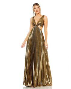 Ieena for Mac Duggal  Fully lined V-Neckline Sleeveless Metallic Back zipper Approx. 62.5" from top of shoulder to bottom hem Available in Antique Gold Style #27083 Metallic Prom Dress, Metallic Prom Dresses, Cutout Gown, Gold Bridesmaid Dresses, Plus Size Party Dresses, Long Bridesmaid Dress, Short Bridesmaid Dresses, Mac Duggal, Wedding Dresses Plus Size