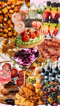 a collage of different foods and drinks on plates, including breads, salads, fruit, and other food items