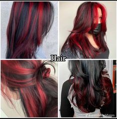 Red Chunky Highlights, Halo Hair Color, Red Halo Hair, Halo Hair Colors, Red Hair Streaks, Black Hair With Red Highlights, Black And Red Hair, Dye Inspiration