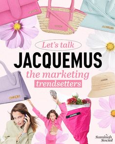 a woman in pink is talking on her cell phone and holding a purse with the words, let's talk jacquemus the marketing trendsters