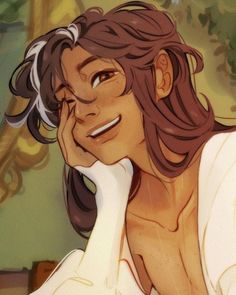 an animated image of a woman with long brown hair and white shirt smiling at the camera