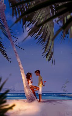 a man and woman standing on the beach under a palm tree, looking at each other