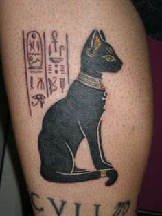 an egyptian cat tattoo on the leg with writing below it that says, evil cats