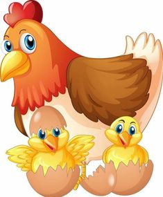 a mother chicken and her two chicks are standing next to each other on a white background