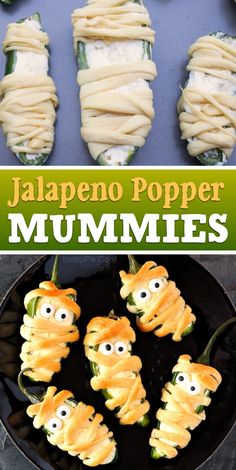 some food that is on top of a pan and in front of the words jalapeno popper mummies