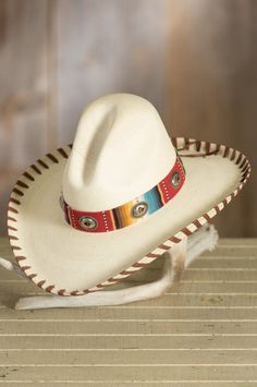 click to expand Western Palm Leaf Hat With Curved Brim, Western Wide Brim Panama Hat In Palm Leaf, Western Style Wide Brim Panama Hat In Palm Leaf, Artisan Summer Ranch Hat, Artisan Straw Hat For Ranch In Summer, Multicolor Curved Brim Sun Hat For Rodeo, Artisan Hat Bands For Summer Ranch, White Bohemian Straw Hat For Outdoor, Southwestern Fedora Straw Hat For Vacation