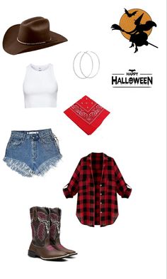 some clothes and accessories are laid out on a white surface with the words halloween written below them