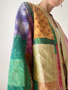 Long Sleeve Patchwork Kimono For Festivals, Festive Multicolor Long Sleeve Kimono, Festive Kimono With Patchwork For Festival, Long Multicolor Outerwear For Festivals, Traditional Multicolor Summer Outerwear, Multicolor Long Sleeve Outerwear For Festivals, Multicolor Long Sleeve Festival Outerwear, Festive Multicolor Patchwork Kimono, Festival Long Sleeve Multicolor Outerwear