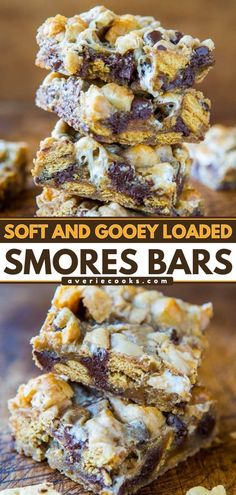 some cookies bars stacked on top of each other with the words, soft and gooey loaded