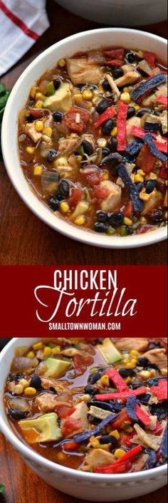 two bowls of chicken tortilla soup on top of a wooden table with red and white napkins