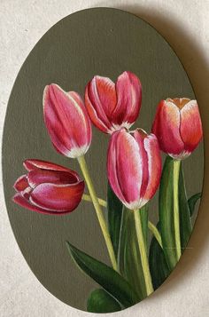 a painting of pink tulips with green leaves on a brown circle background, painted in acrylic