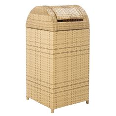 a large wicker trash can with lid on the top and bottom, in front of a white background