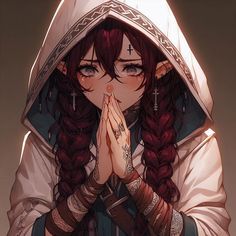 a woman with red hair wearing a hoodie and holding her hands together in prayer