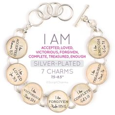 i am silver plated charm bracelet with charms and sayings on the front side