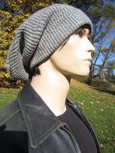 Slouchy Hat Wool Winter Beanie Bulky Thick Oversized Tam  Big Cuff Men's Gray Acrylic blend Knit Bag Casual Wool Ribbed Beanie, Casual Ribbed Wool Beanie, Gray Beanie For Fall Outdoor Activities, Gray Beanie For Outdoor Fall Activities, Gray Knit Winter Hat, Casual Adjustable Gray Beanie, Fitted Knit Casual Hats, Casual Fitted Knit Hats, Slouchy Winter Beanie