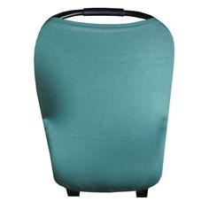 the back end of a blue chair with black legs and an arm rest on it