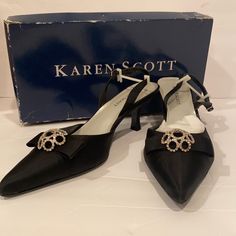 Karen Scott Angelic Black Kitten Heel Pointy Toe With Crystal Studded Brooch On A Bow The Show Is New Never Worn In Box And All Wrapping! These Are A Stunning Heel For That Dressy Occasion Wedding Or Date Night Size 8.5 Heel 1.5” Elegant Black Shoe Clips For Formal Occasions, Black Sparkly Heels, Ivory Pumps, Leopard Print Pumps, Navy Heels, Black Kitten Heels, Dressy Shoes, Slip On Pumps, Black Kitten