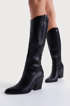 Rauland Black Pointed-Toe Knee-High Western Boots Knee High Western Boots, Black Western Boots, Nude Boots, Black Boots Outfit, Cute Country, Comfy Boot, Trendy Boots, Black Knee High Boots, City Vibe